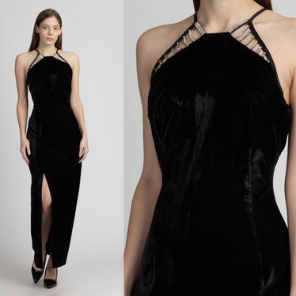 Gunne Sax Black Velvet Halter Evening Crystal Dress Size 9/10 S/M
